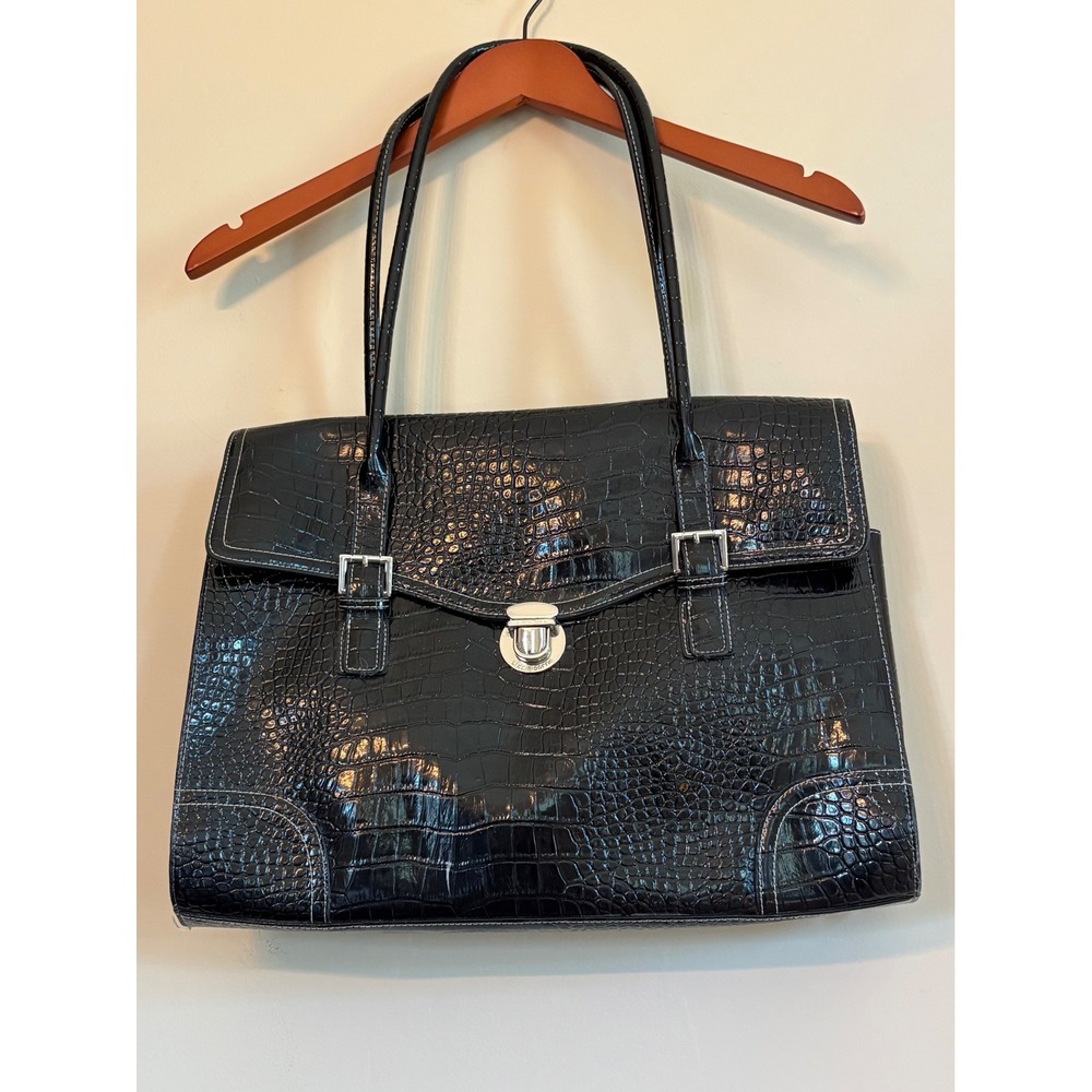 Liz Claibourne Blk‎ Faux Croc Laptop Satchel Briefcase Messenger Bag